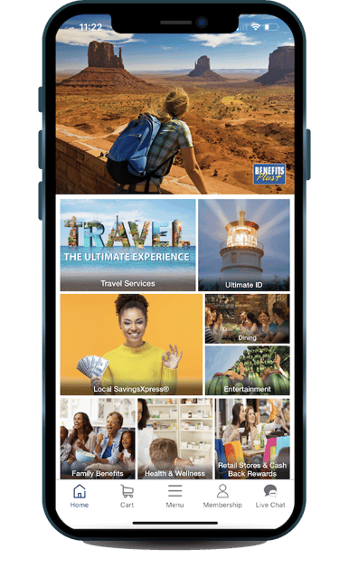 Cell phone with the mobile app of Benefit + homepage showing.
