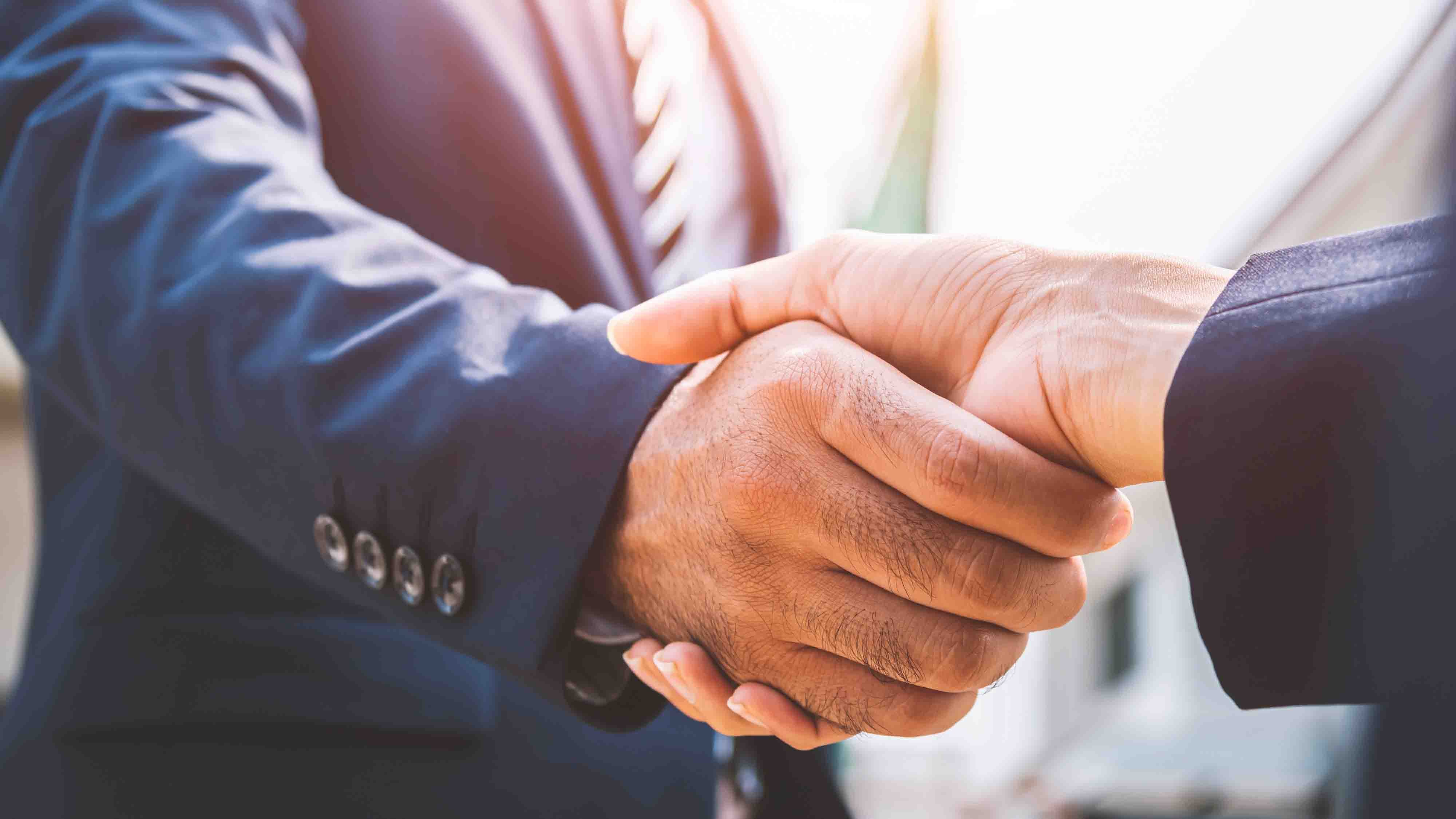 Two people wearing suits shake hands.
