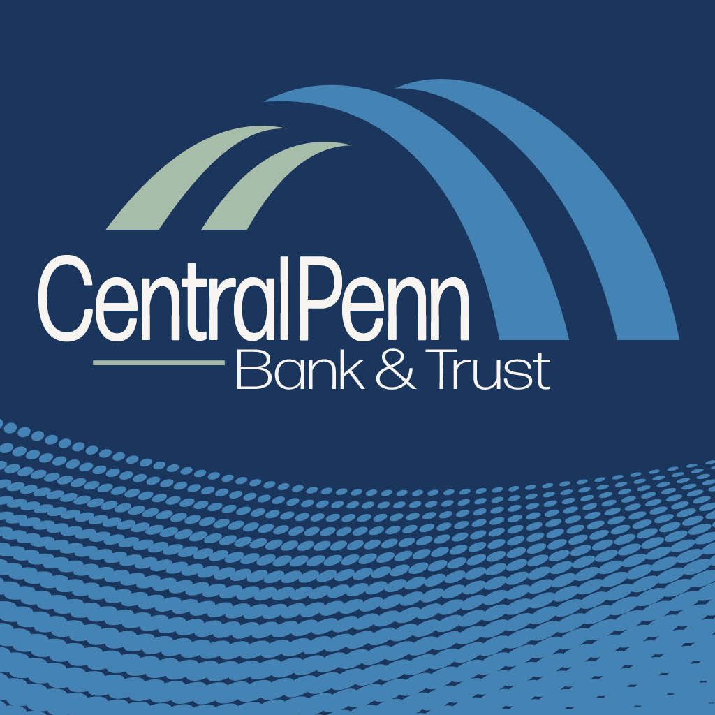 The Central Penn Bank & Trust Mobile App, with a navy blue background and royal blue swoosh at the bottom